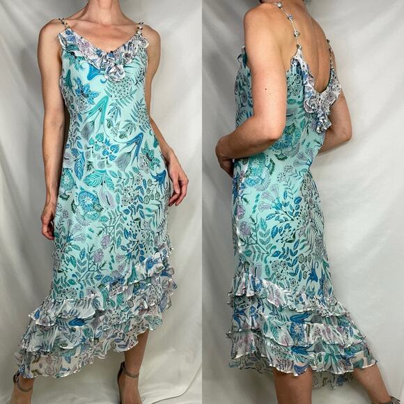 ICE silk floral fairy slip dress rosette straps ruffle asymmetrical vintage Y2K - Picture 16 of 16